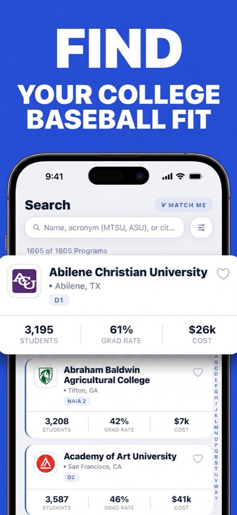 Baseball Bound screenshot: find your college fit
