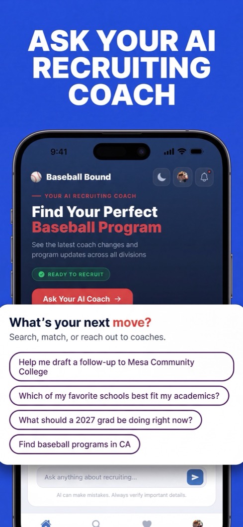 Baseball Bound screenshot: ask the AI recruiting coach